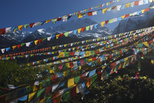 Buddhist Prayer Flags With Mountain Background