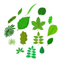 Wall Mural - green leafs icons set, cartoon style