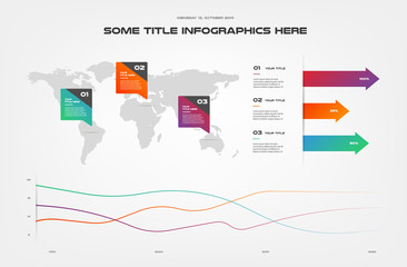 Poster - World map infographics, with arrows. Element of chart, graph, diagram with 3 options - parts, processes, timeline. Vector business template for presentation, workflow layout, annual report, web design
