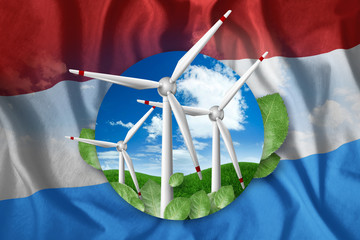 Wall Mural - Free energy, windmills against the background of nature and the flag of Luxembourg. The concept of clean energy, renewable energy sources, free electricity, Mixed media.