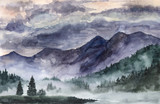 Fototapeta Na ścianę - Hand drawn watercolor landscape. Norway, cold nature.