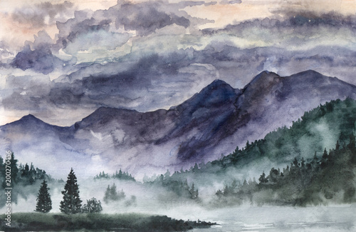hand-drawn-watercolor-landscape-norway-cold-nature