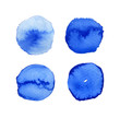 Set of bright blue watercolor blobs, paint circles and dots isolated on white background. Vector illustration