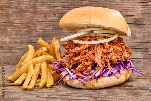 Barbeque Pulled Pork Sandwich With Bbq Sauce Salad With Red Cabbageonion Sauce And Fries On Wooden Background Fast Food Stock Photo Adobe Stock