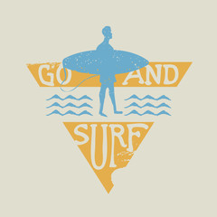 Wall Mural - Surfer man with surfboard vintage label stamp