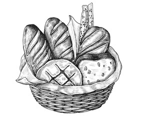 Wall Mural - Hand-drawn bread basket isolated