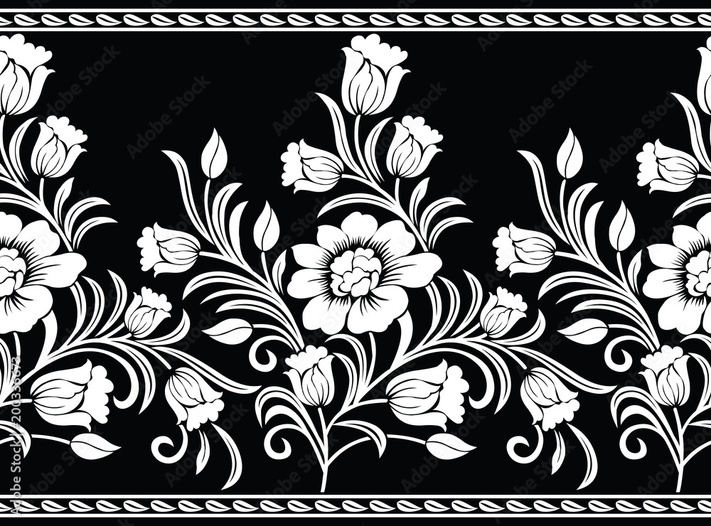 Seamless black and white vector floral border Stock Vector | Adobe Stock