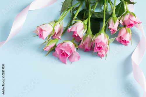 水色を背景にしたピンクのリボンとバラのプレゼントのイメージ Stock 写真 Adobe Stock 水色を背景にしたピンクのリボンとバラのプレゼントのイメージ Stock 写真 Adobe Stock