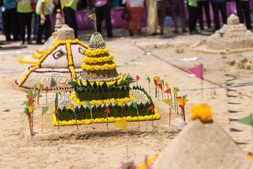 Thai people come to build the Sand Pagoda for return the sand to the temple on Songran festival at Ratchaburana temple in Phitsanulok Thailand.