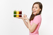 © ViDi Studio - Woman holds row of green, red, yellow detox smoothies in bottles, measure tape isolated on white background. Proper nutrition, vegetarian drink, healthy lifestyle, dieting concept. Copy space, flack.