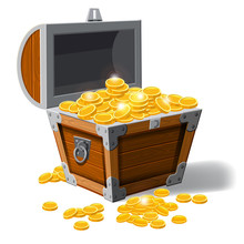 Piratic Trunk Chests With Gold Coins Treasures. . Vector Illustration. Catyoon Style, Isolated