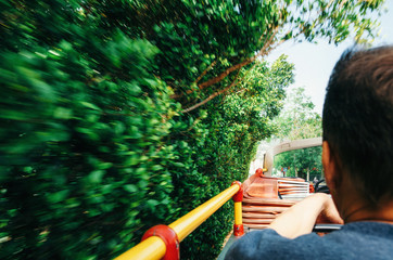 Tourist on open top sightseeing bus Hop on hop off in Palma de Mallorca explore city