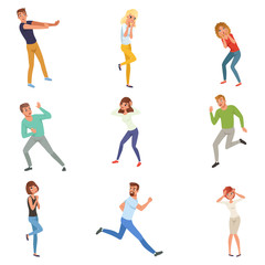 Sticker - Flat vector set of frightened people in different positions. Young guys and girls afraid of something. Cartoon characters of emotional men and women