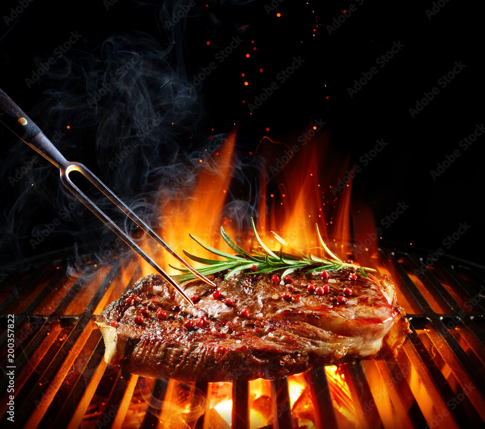 Entrecote Beef Steak On Grill With Rosemary Pepper And Salt
 - obrazy, fototapety, plakaty 
