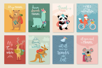 Poster - Travel Animals card set, hand drawn style,