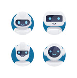 Fototapeta  - Future chat bot set. robot icons with blue cute eyes and smiles isolated in circle.