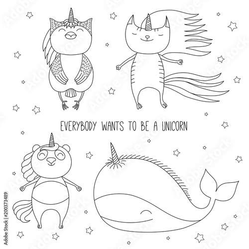 Hand Drawn Black And White Vector Illustration Of Cute Whale Cat