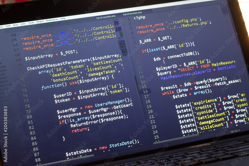 PHP back-end code. Computer programming source code. Abstract screen of ...