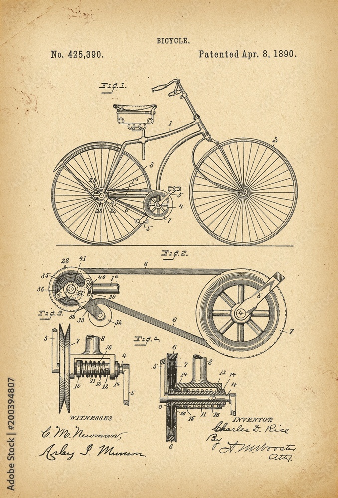 1890 Patent Velocipede Bicycle history  invention - obrazy, fototapety, plakaty 