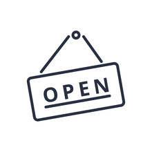 Open Sign Icon In Trendy Flat Style. Board With Text Line Icon. Business Signboard Hanging On A Nail