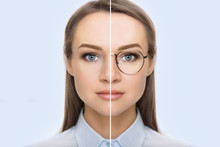 Female Face, Cut In Half To Present Before And After Checking Vision. Woman Face Without Glasses And With Glasses