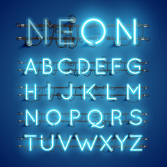 Wall Mural - Realistic neon font with wires and console, vector illustration