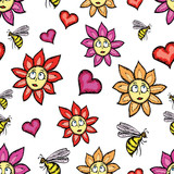 Fototapeta Motyle - Pattern of the cartoon bees, hearts and daisies