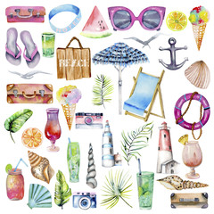 Summer, sea, beach and travel watercolor elements collection, hand painted isolated on a white background