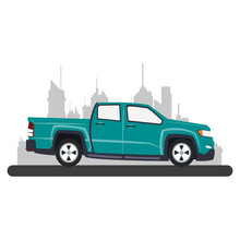 Pick Up Truck At City Over Cityscape Vector Illustration Graphic Design