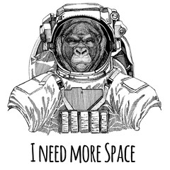 gorilla, monkey, ape frightful animal astronaut. space suit. hand drawn image of lion for tattoo, t-