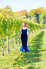 Elegant young woman in blue velvet dress by vineyard winery grapevine leaves green in Virginia grapes, front smiling happy