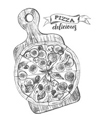 Wall Mural - Pizza with pepperoni, olives and champignons on a wooden cutting board. Italian cuisine. Ink hand drawn Vector illustration. Top view. Food element for menu design.