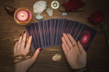 Tarot cards and future reading concept. Fortune teller desk table.