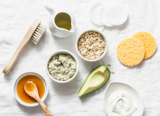 Wall Mural - ingredients for moisturizing, nourishing, anti-aging wrinkle face mask - avocado, olive oil, oatmeal