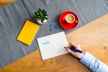 Wall Mural - Empty notebook with copy space and hand as flat lay and template