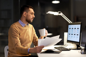 Wall Mural - business, software development, deadline and technology concept - man with papers, coffee and user i
