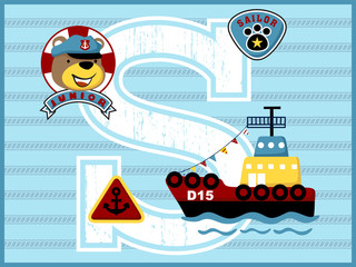 cargo ship cartoon vector with funny sailor on rope background. Learn to alphabet