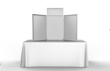 Wall Mural - Table top folding display board for trade show. 3d render illustration.
