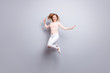 © deagreez - Volume careless leisure lifestyle casual white rejoice concept. Full-length full-size portrait of amazed surprised astonished wondered shocked freelancer isolated on gray background copyspace