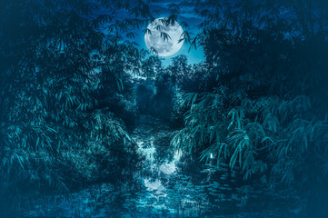 Wall Mural - tranquil river with full moon and bamboo trees. serenity nature background.