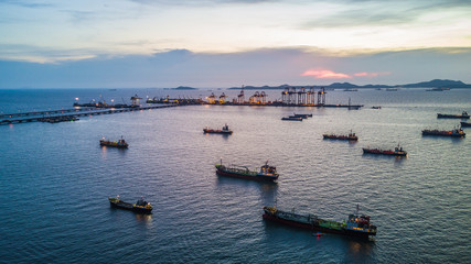 Canvas Print - Aerial top view tanker ship park in sea, Crude oil tanker ship and LPG  tanker ship loading in sea at sunset.