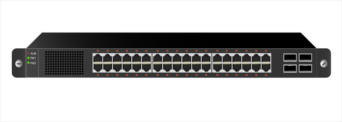 Wall Mural - The Ethernet 1U switch for mounting with a 19-inch rack with 40 ports, including four backbones. The color of the switch is black. Vector illustration.