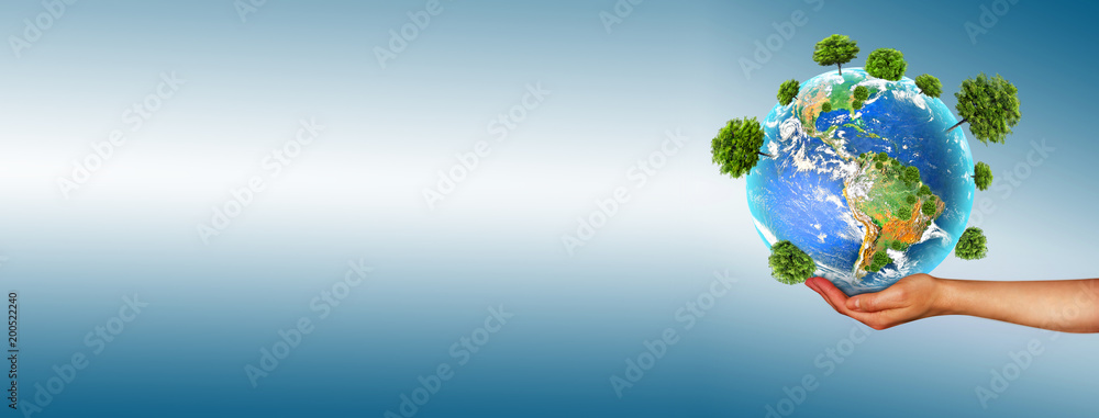 Ecological concept of the environment with the cultivation of trees on the ground in the hands. Planet Earth. Physical globe of the earth. Elements of this image furnished by NASA. 3D illustration - obrazy, fototapety, plakaty 