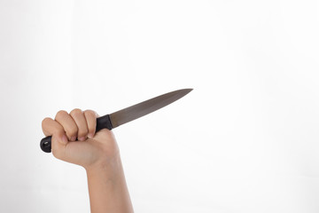 Hand holding a knife Isolated on white background.