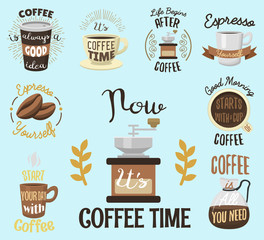 Wall Mural - Vintage vector coffeeshop logo text labels and coffee drink love quote ribbon logo coffeebeans badges calligraphy break typography lettering