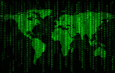 Wall Mural - Green binary code background with world map