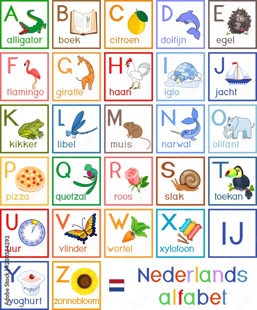 Colorful Dutch (Nederlands) alphabet with pictures and titles for ...