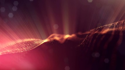 Wall Mural - 3d loop animation as science fiction background of glowing particles with depth of field and bokeh f