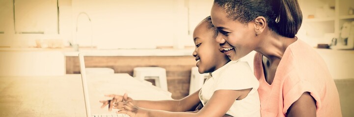 Side view of daughter using laptop at desk with mother