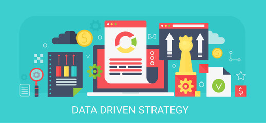 Poster - Flat modern vector concept Data Driven Strategy banner with icons and text.